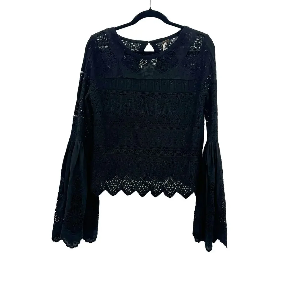 Free People Once Upon A Time Lace Bell Sleeves Top In Black Size S NWOT